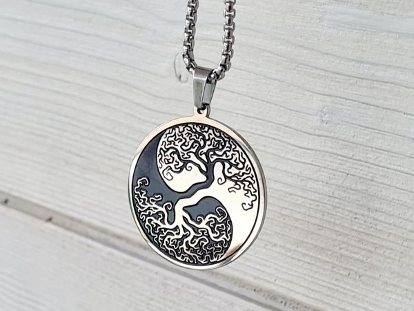 collier yin yang arbre de vie argentée acier inoxydable